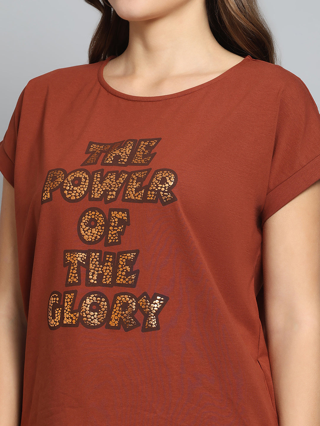 Women Brown Printed Round Neck Half Sleeve Top