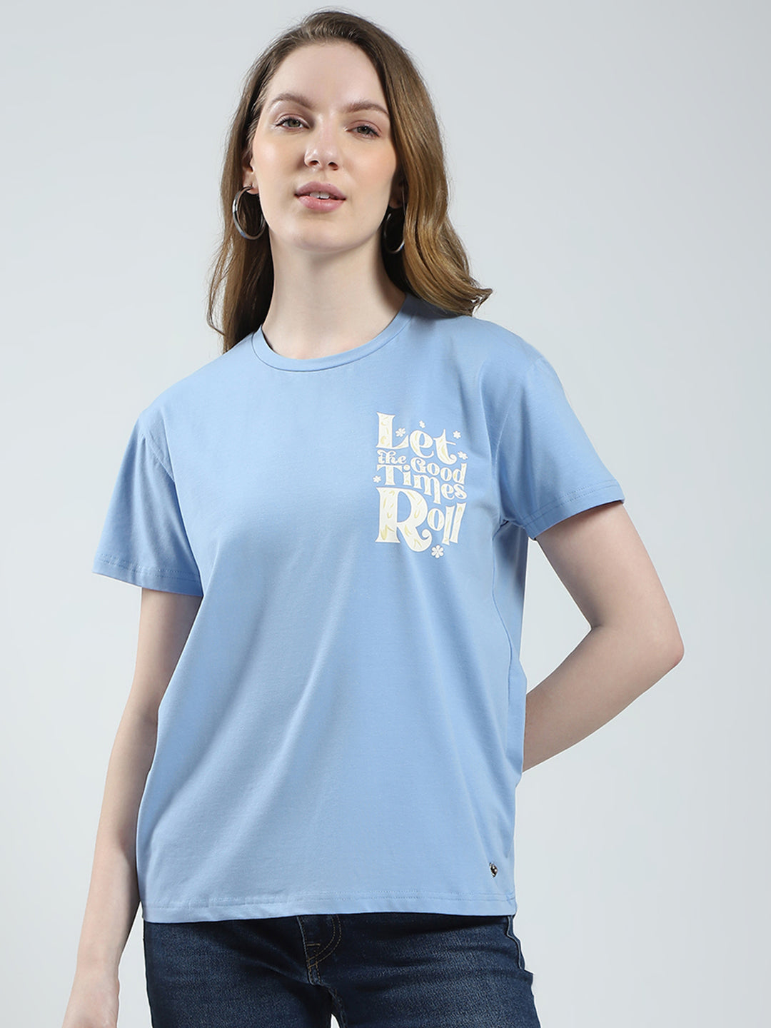 Women Blue Printed Round Neck Half Sleeve Top