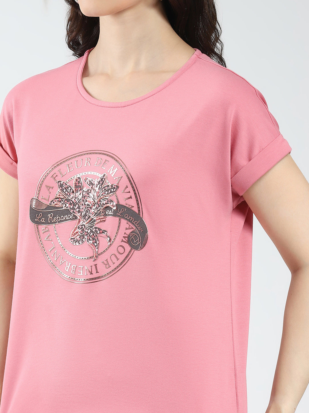 Women Pink Printed Round Neck Half Sleeve Top