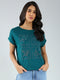 Women Teal Blue Printed Round Neck Half Sleeve Top
