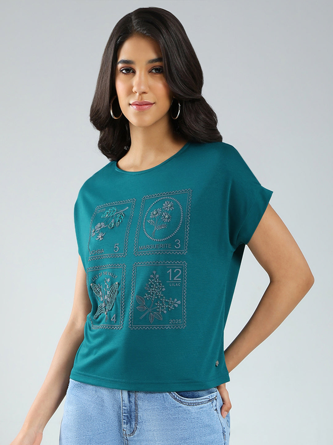 Women Teal Blue Printed Round Neck Half Sleeve Top