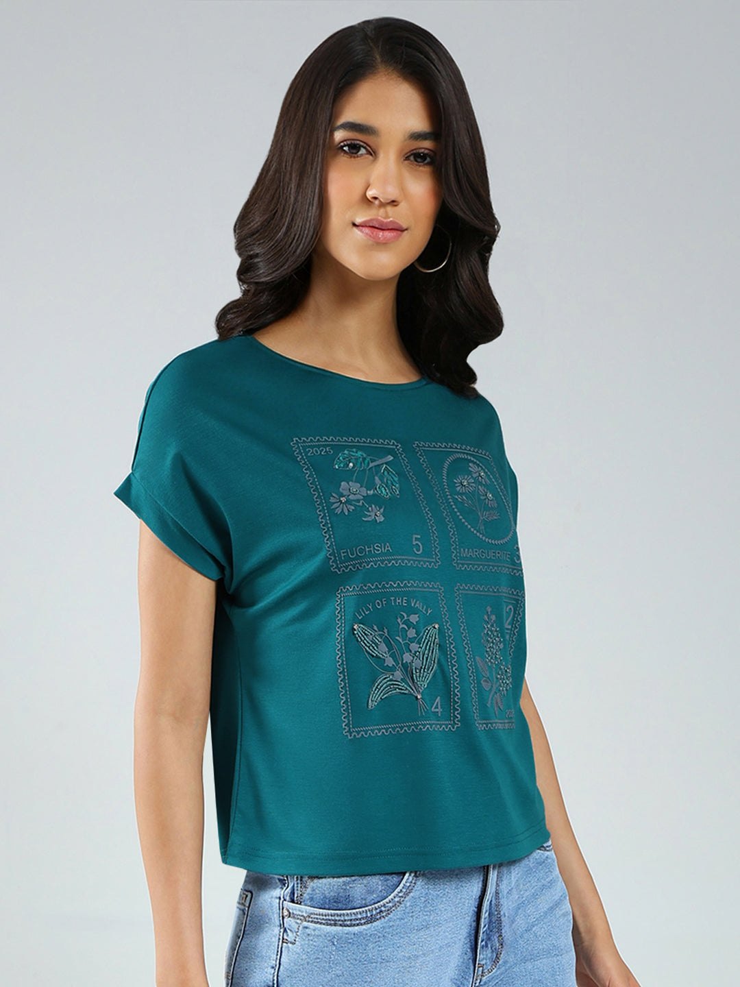 Women Teal Blue Printed Round Neck Half Sleeve Top