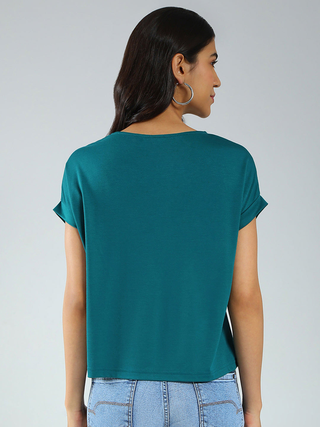 Women Teal Blue Printed Round Neck Half Sleeve Top