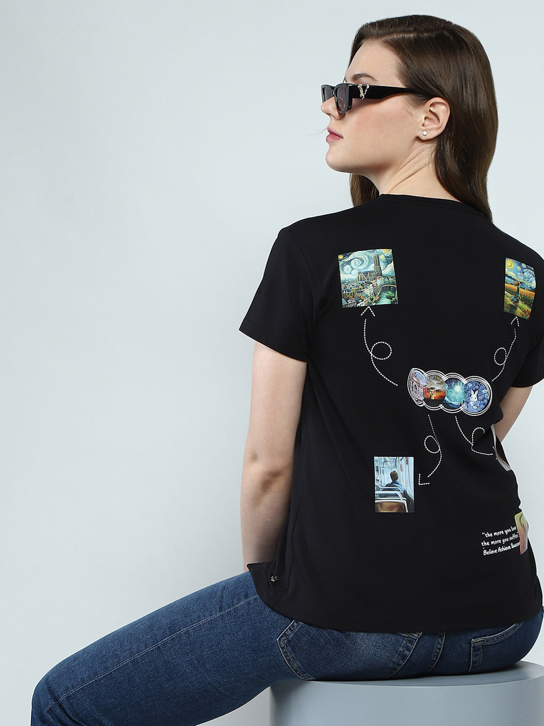 Women Black Printed Round Neck Half Sleeve Top