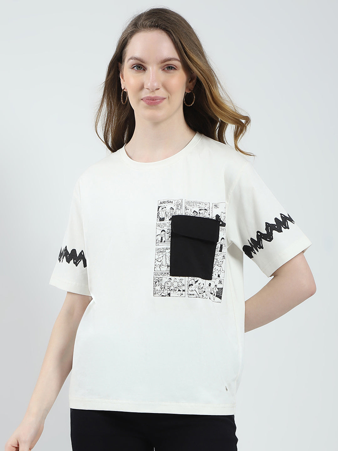 Women Off White Printed Round Neck Half Sleeve Top
