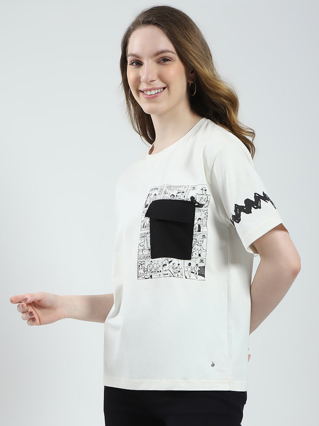 Women Off White Printed Round Neck Half Sleeve Top