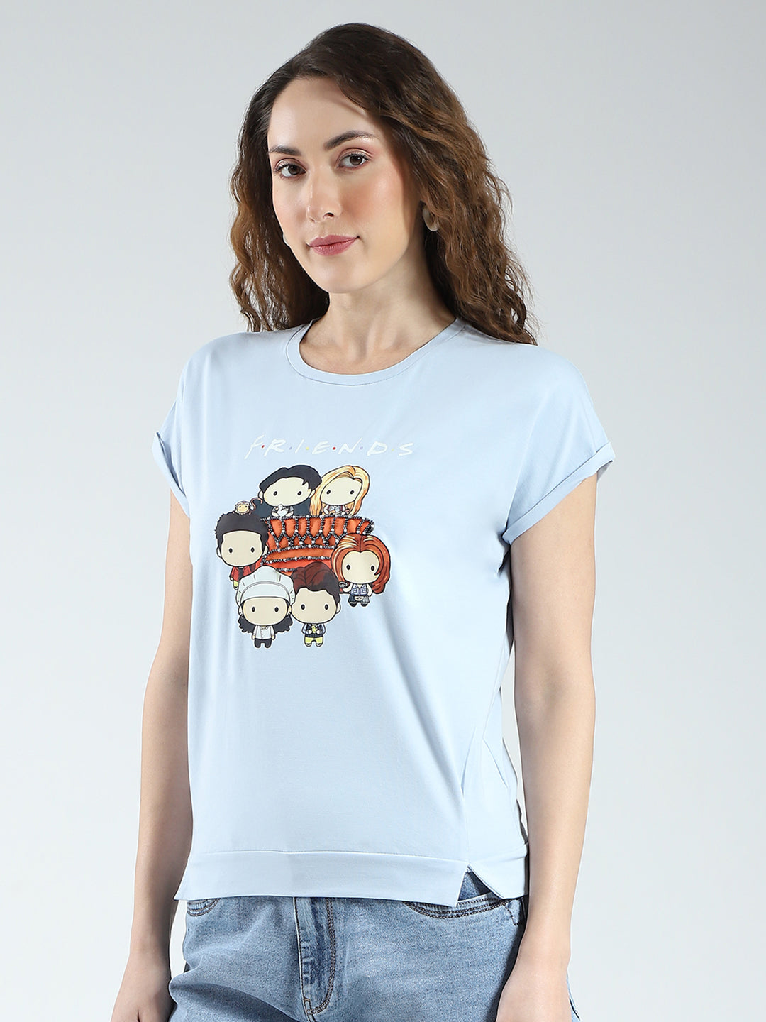 Women Blue Printed Round Neck Half Sleeve Top