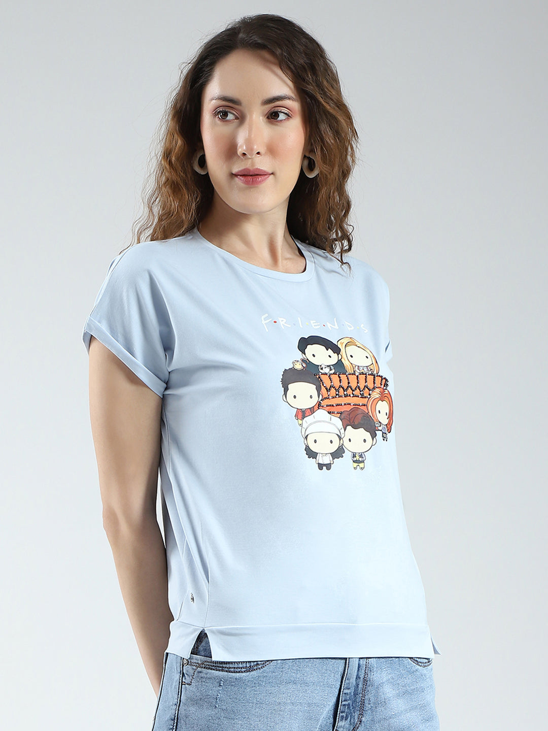 Women Blue Printed Round Neck Half Sleeve Top