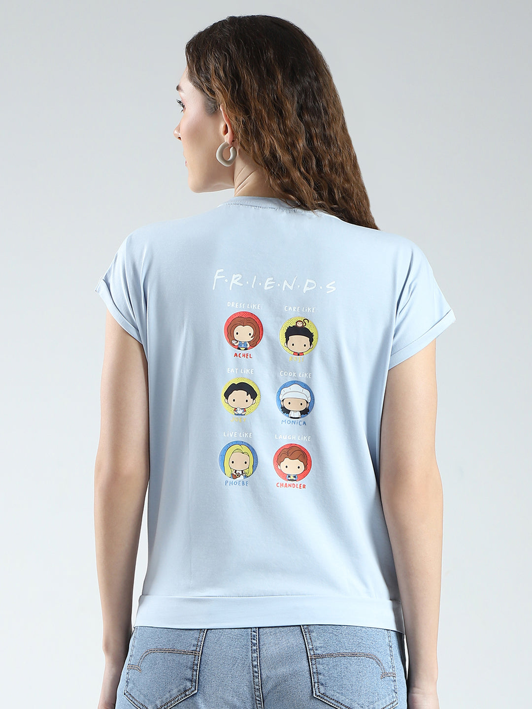 Women Blue Printed Round Neck Half Sleeve Top