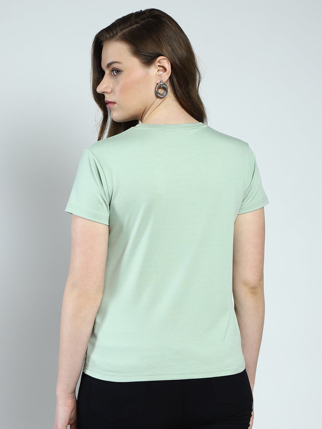 Women Green Printed Round Neck Half Sleeve Top