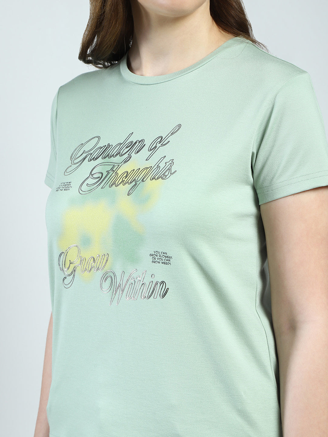 Women Green Printed Round Neck Half Sleeve Top