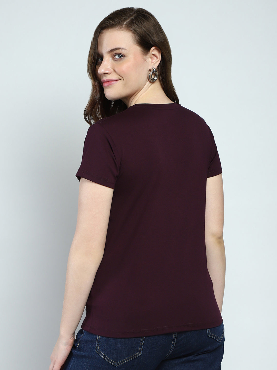 Women Maroon Printed Round Neck Half Sleeve Top