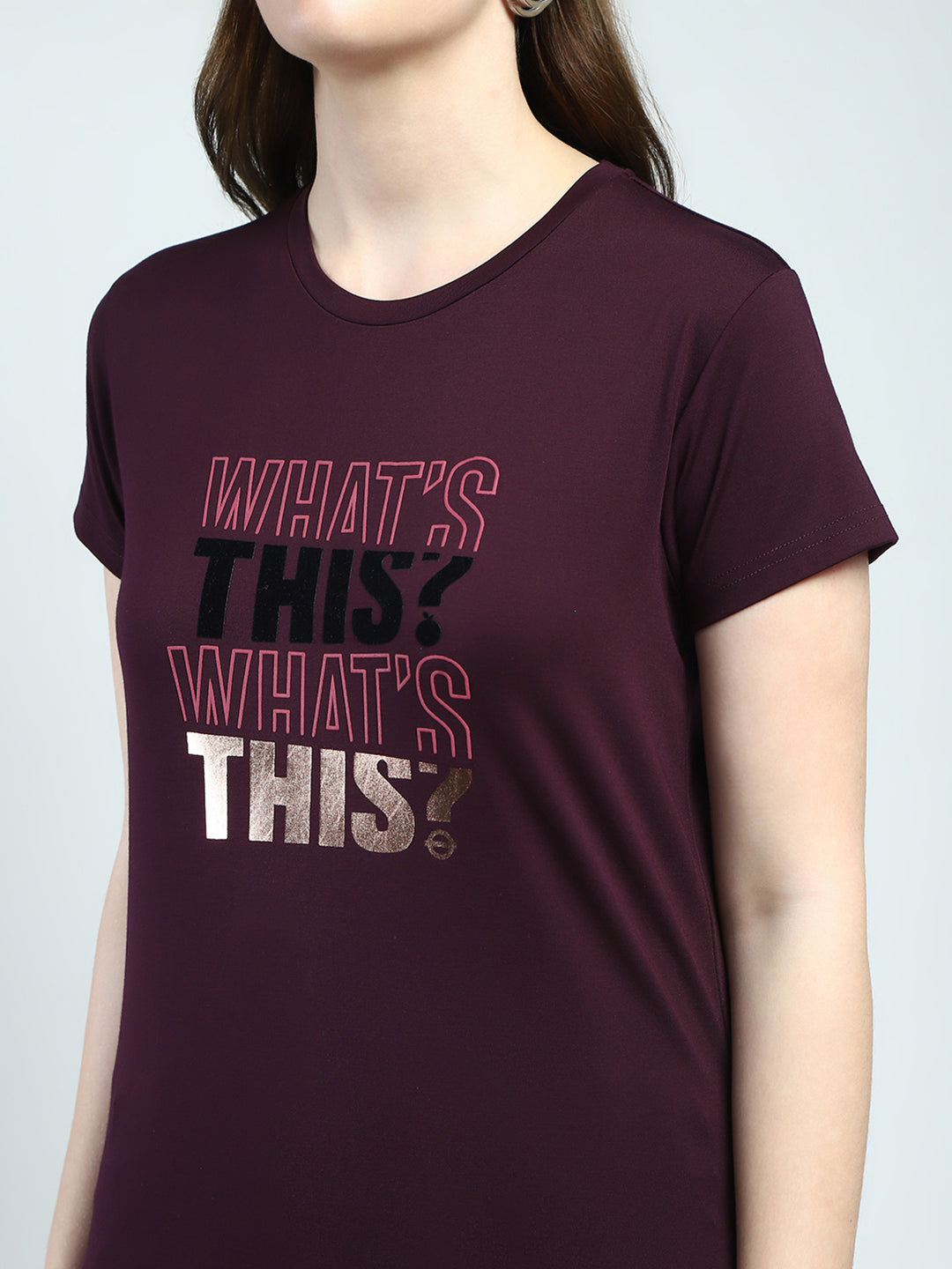 Women Maroon Printed Round Neck Half Sleeve Top