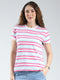 Women Pink Stripe Round Neck Half Sleeve Top