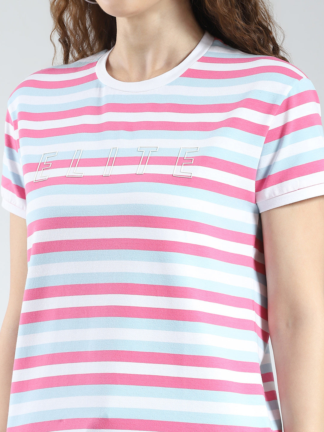 Women Pink Stripe Round Neck Half Sleeve Top