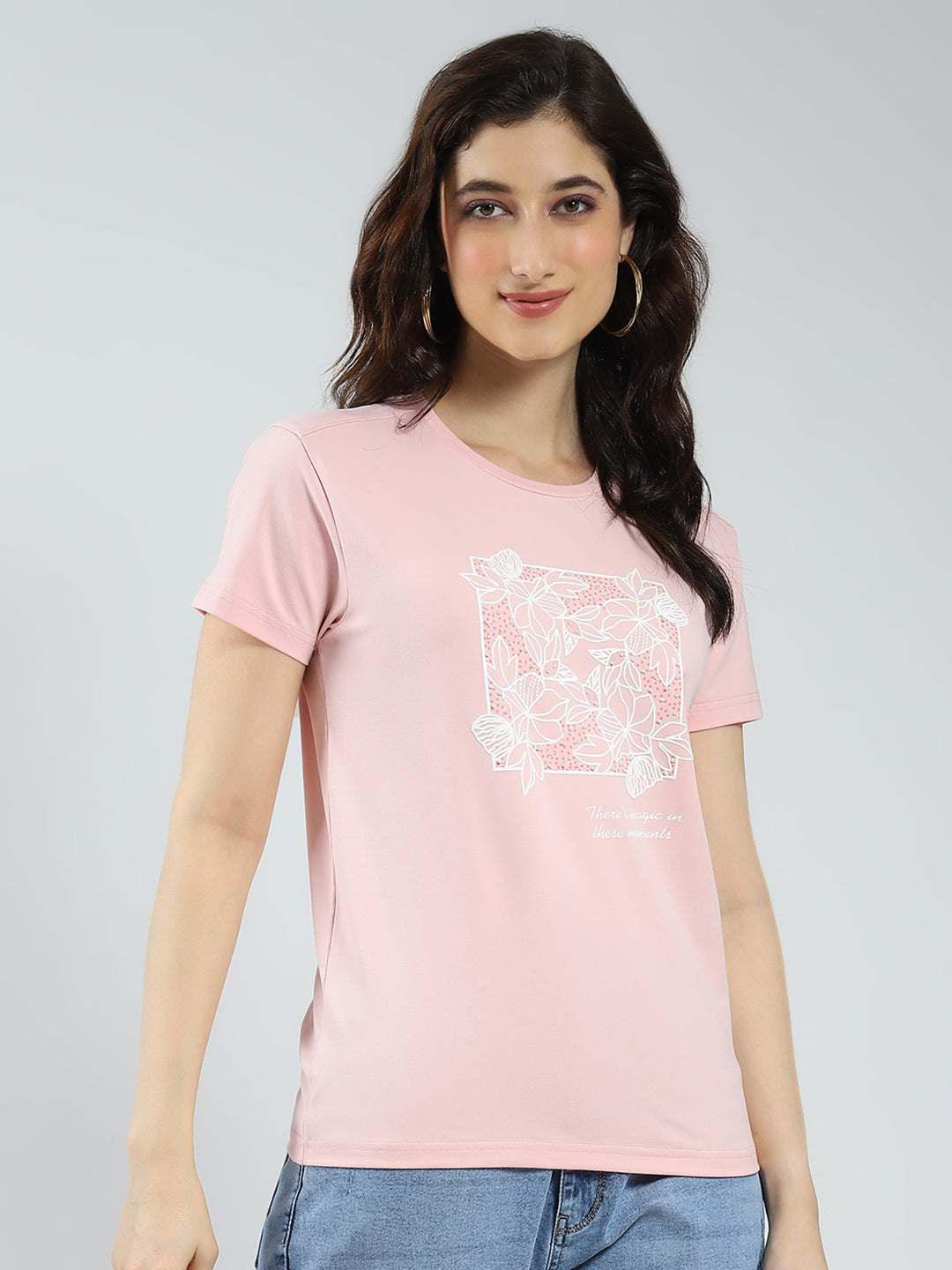 Women Pink Printed Round Neck Half Sleeve Top