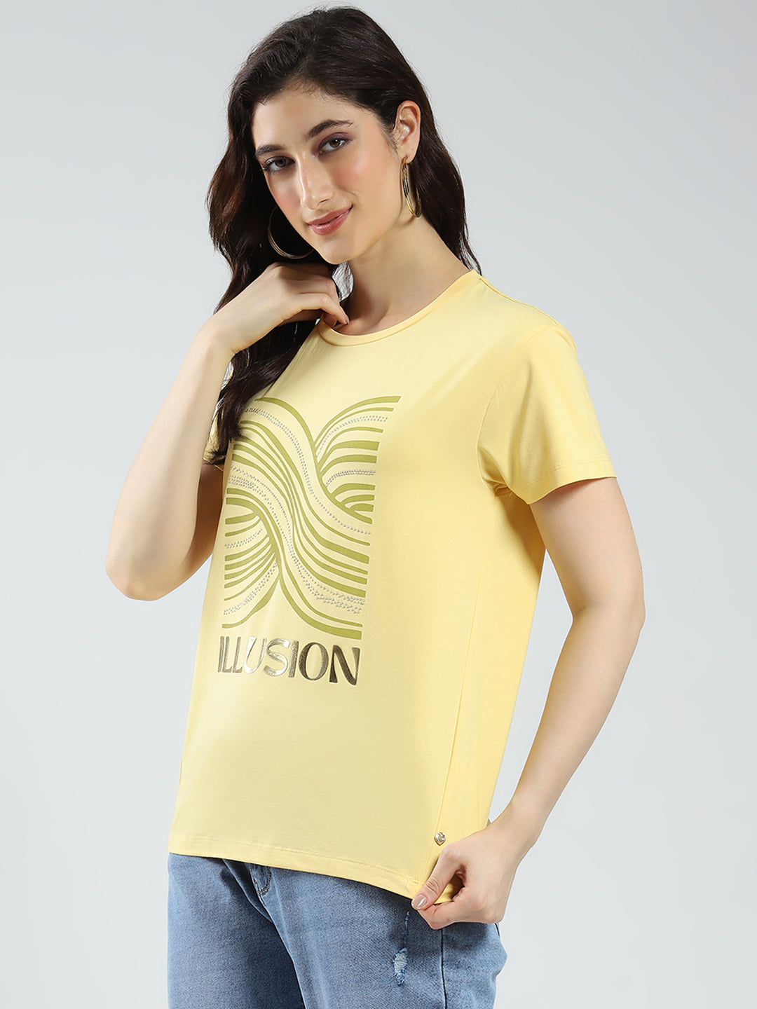 Women Yellow Printed Round Neck Half Sleeve Top