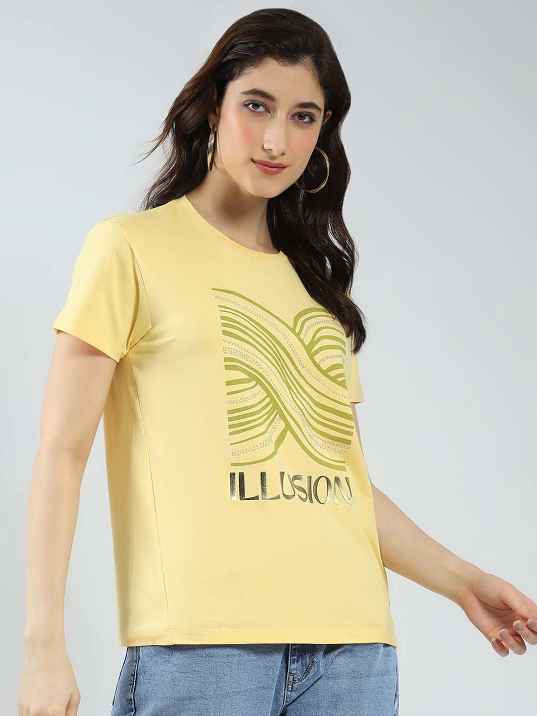 Women Yellow Printed Round Neck Half Sleeve Top