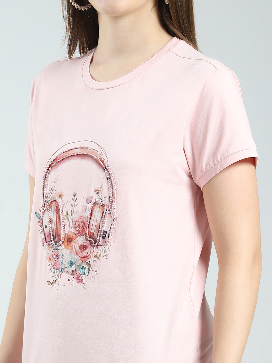 Women Pink Printed Round Neck Half Sleeve Top