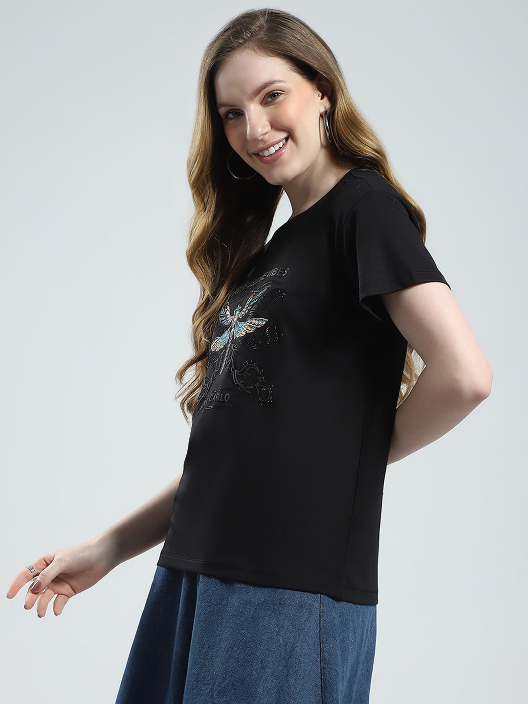 Women Black Printed Round Neck Half Sleeve Top