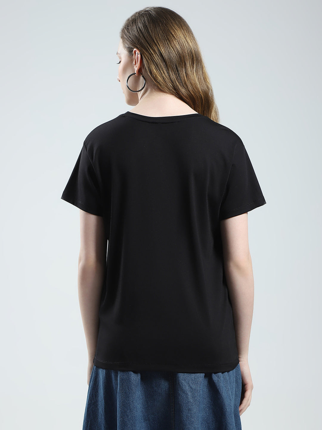 Women Black Printed Round Neck Half Sleeve Top