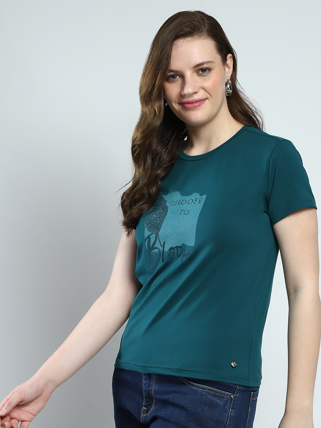 Women Green Printed Round Neck Half Sleeve Top