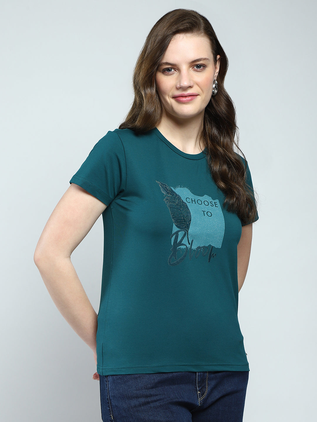 Women Green Printed Round Neck Half Sleeve Top