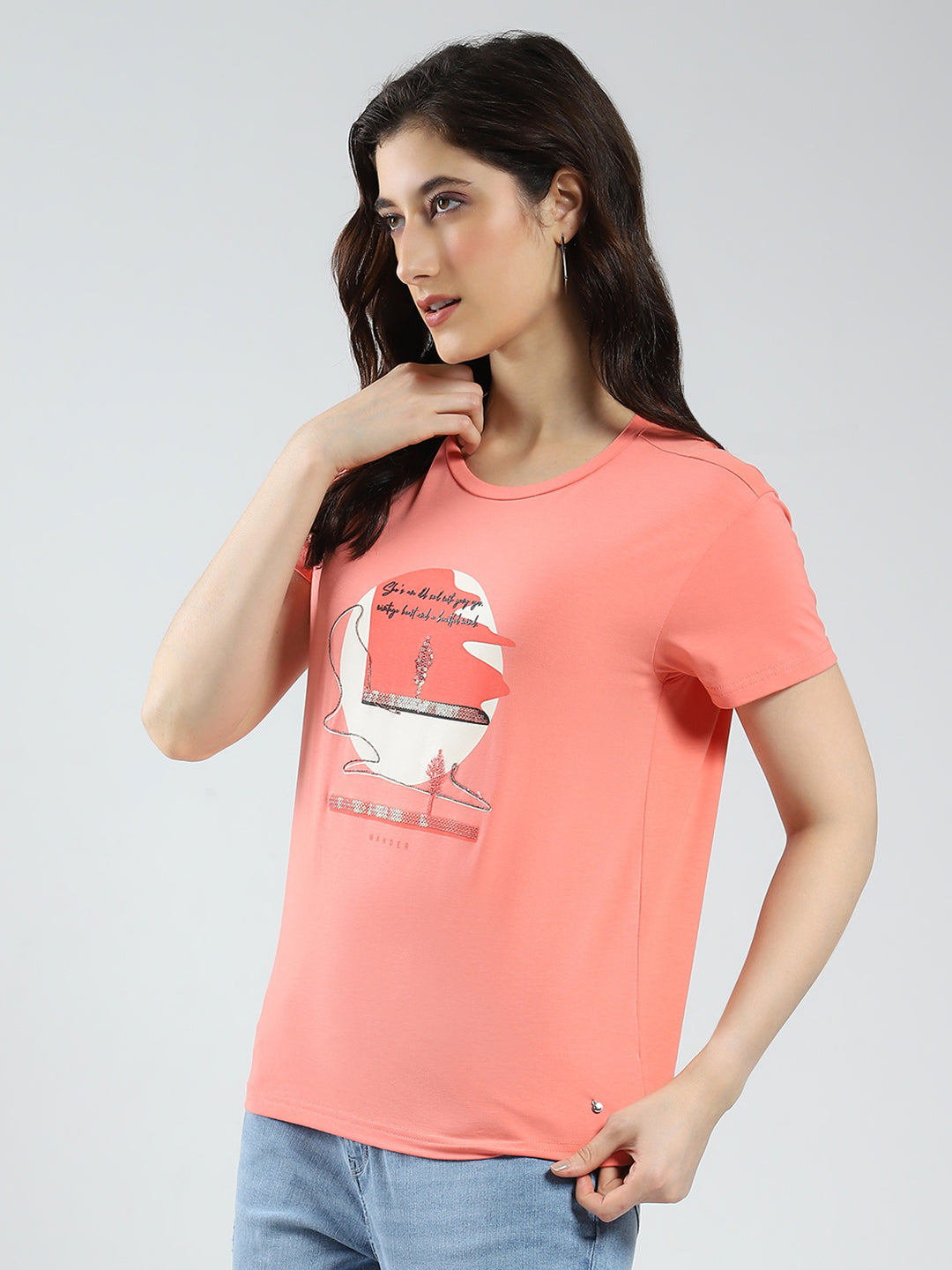 Women Coral Printed Round Neck Half Sleeve Top