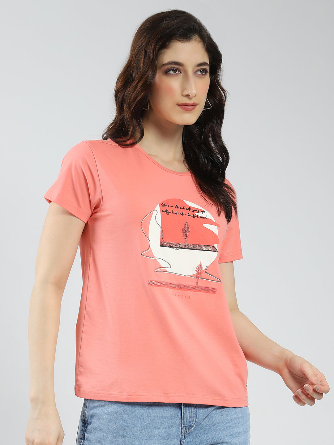 Women Coral Printed Round Neck Half Sleeve Top