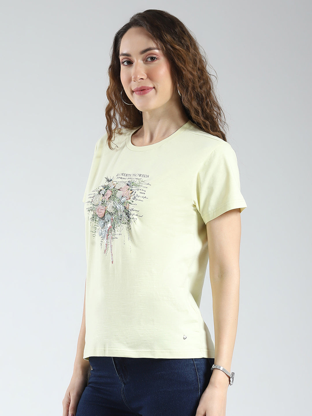 Women Yellow Printed Round Neck Half Sleeve Top