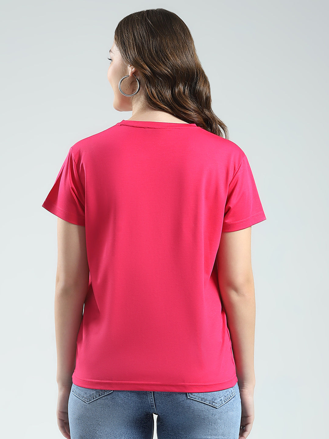 Women Magenta Embroidered Round Neck Half Sleeve Top