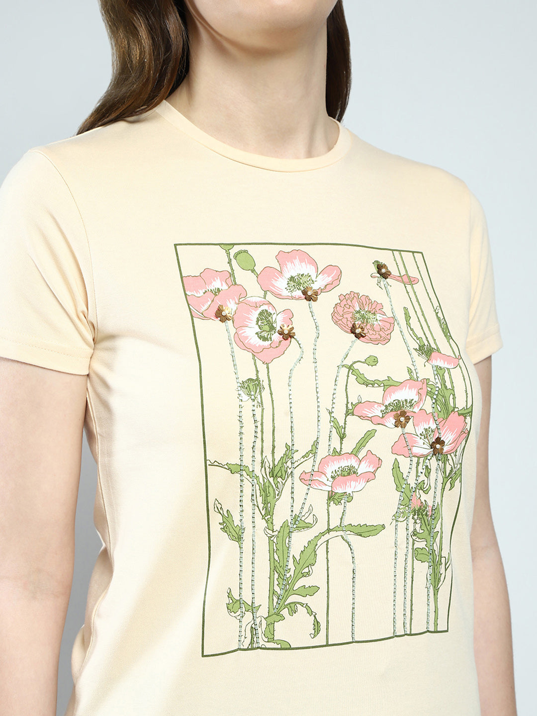 Women Beige Printed Round Neck Half Sleeve Top