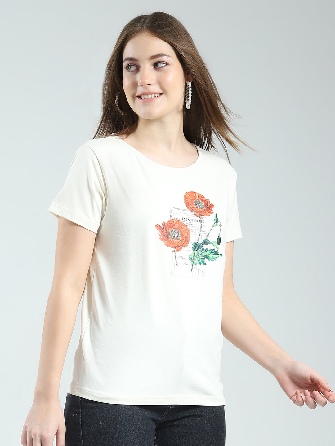 Women Off White Printed Round Neck Half Sleeve Top