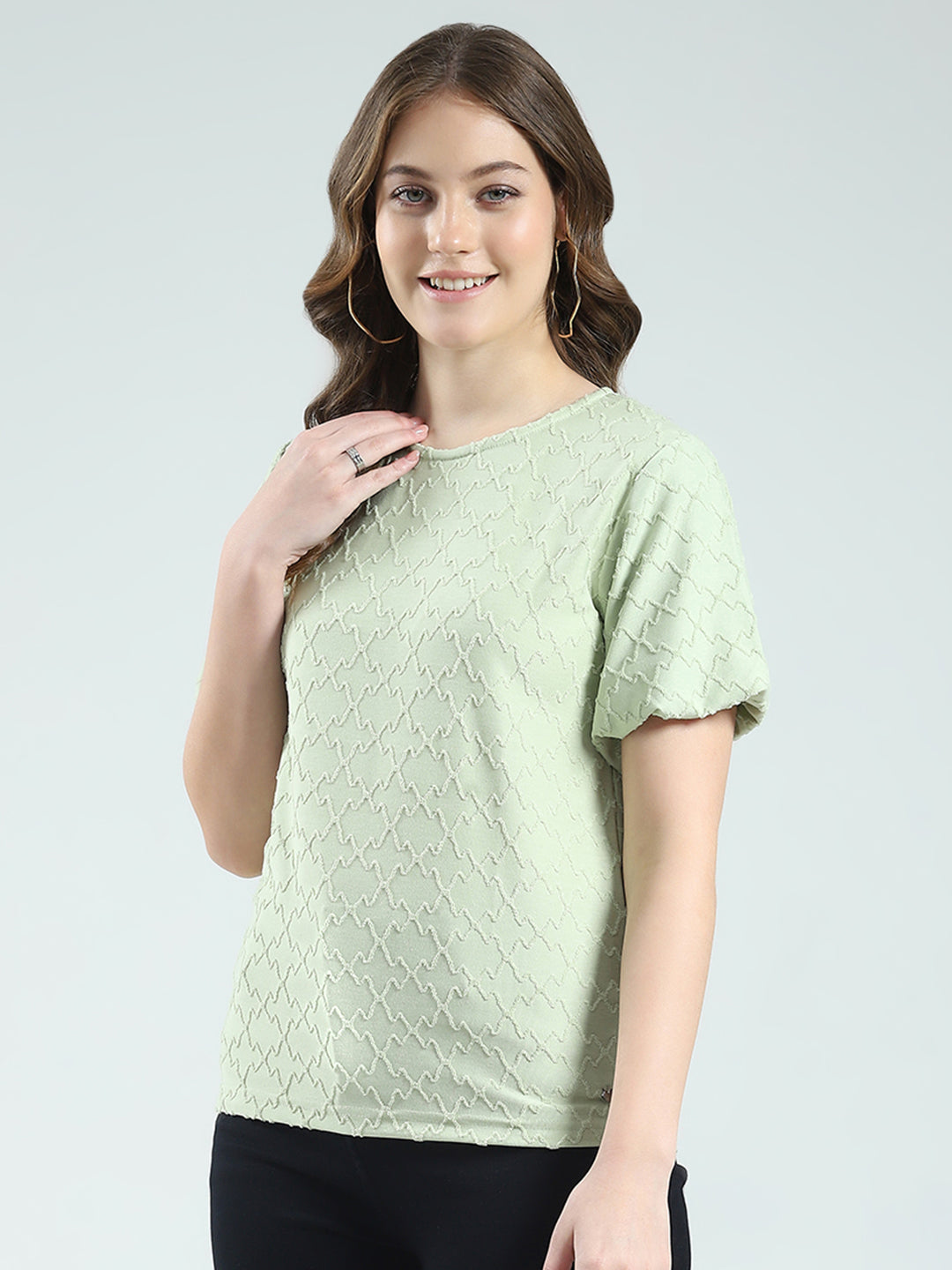 Women Green Self Design Round Neck Half Sleeve Top