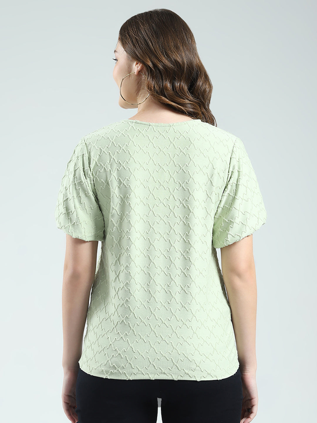 Women Green Self Design Round Neck Half Sleeve Top