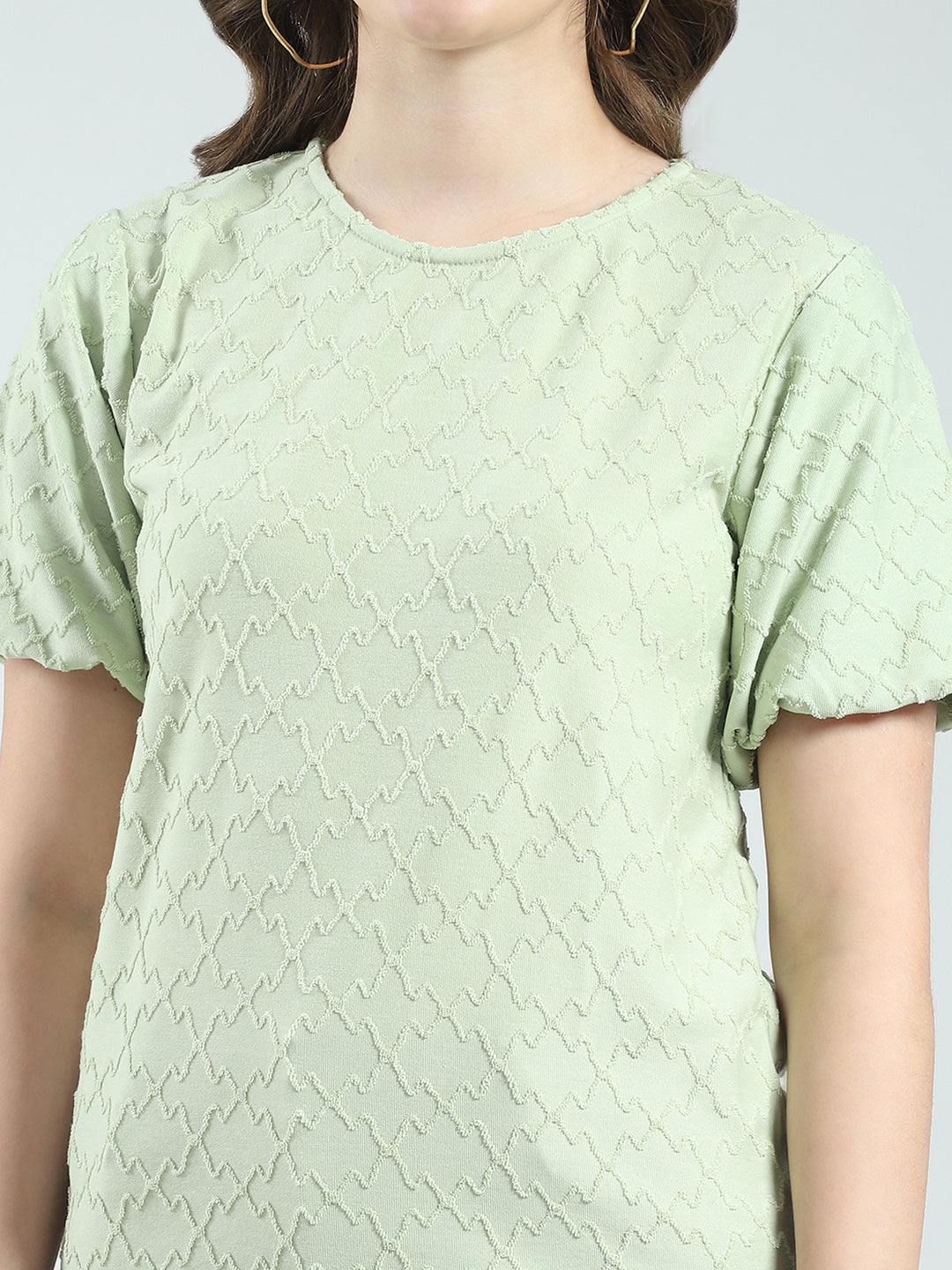 Women Green Self Design Round Neck Half Sleeve Top