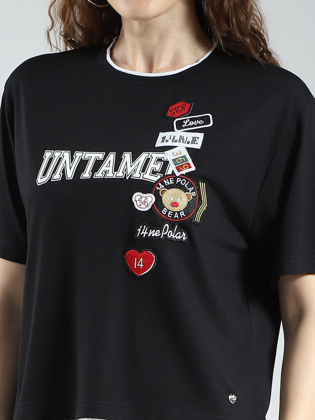 Women Black Printed Round Neck Half Sleeve Top