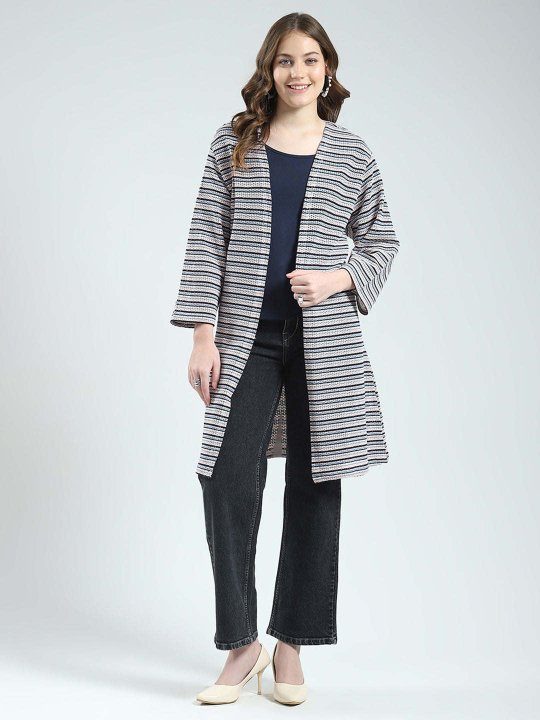 Women Navy Blue Self Design Front Open 3/4th Sleeve Shrug