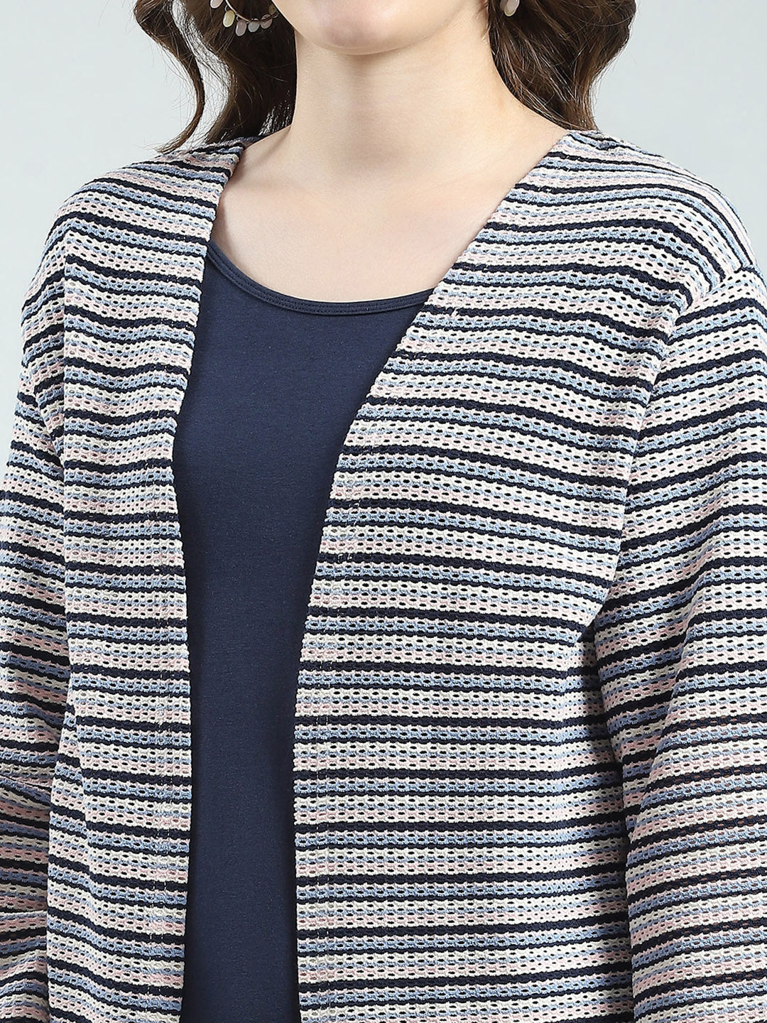 Women Navy Blue Self Design Front Open 3/4th Sleeve Shrug