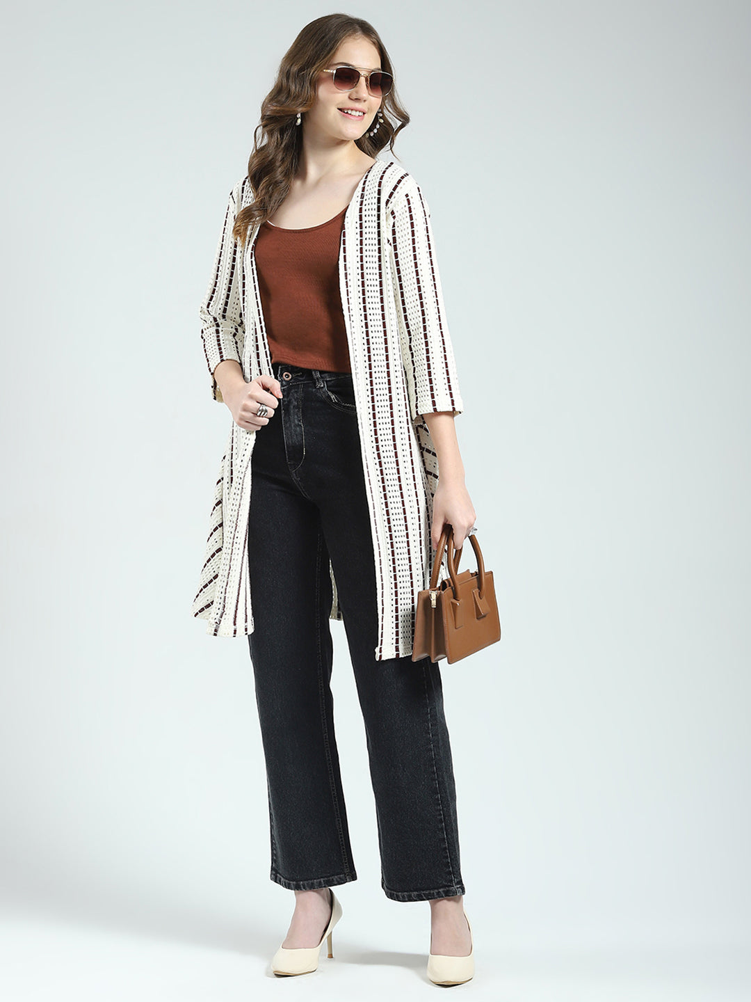 Women Off White Self Design Front Open 3/4th Sleeve Shrug