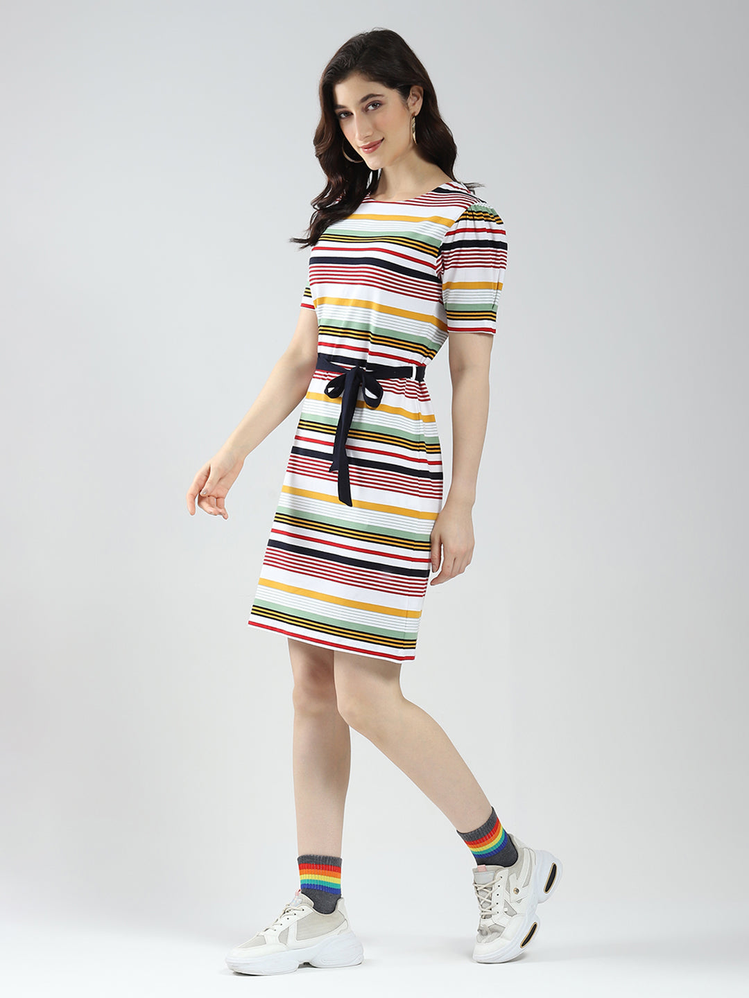 Women Multicolor Stripe Round Neck Half Sleeve Dress