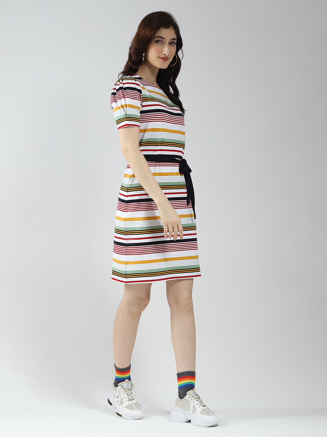Women Multicolor Stripe Round Neck Half Sleeve Dress