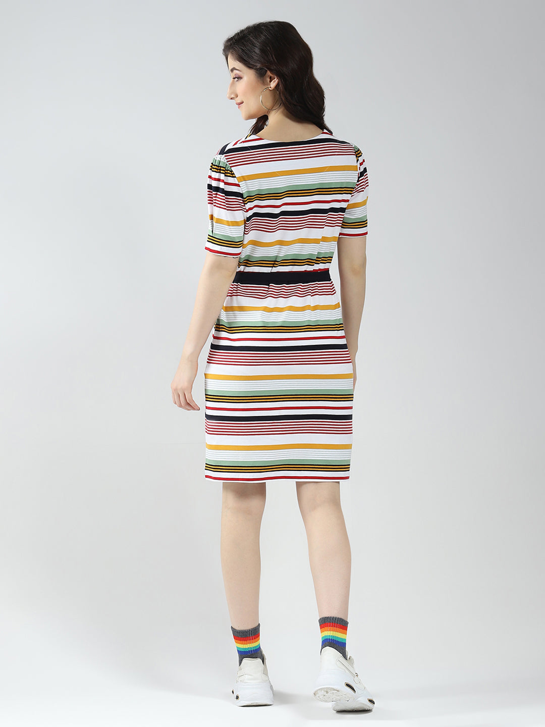 Women Multicolor Stripe Round Neck Half Sleeve Dress