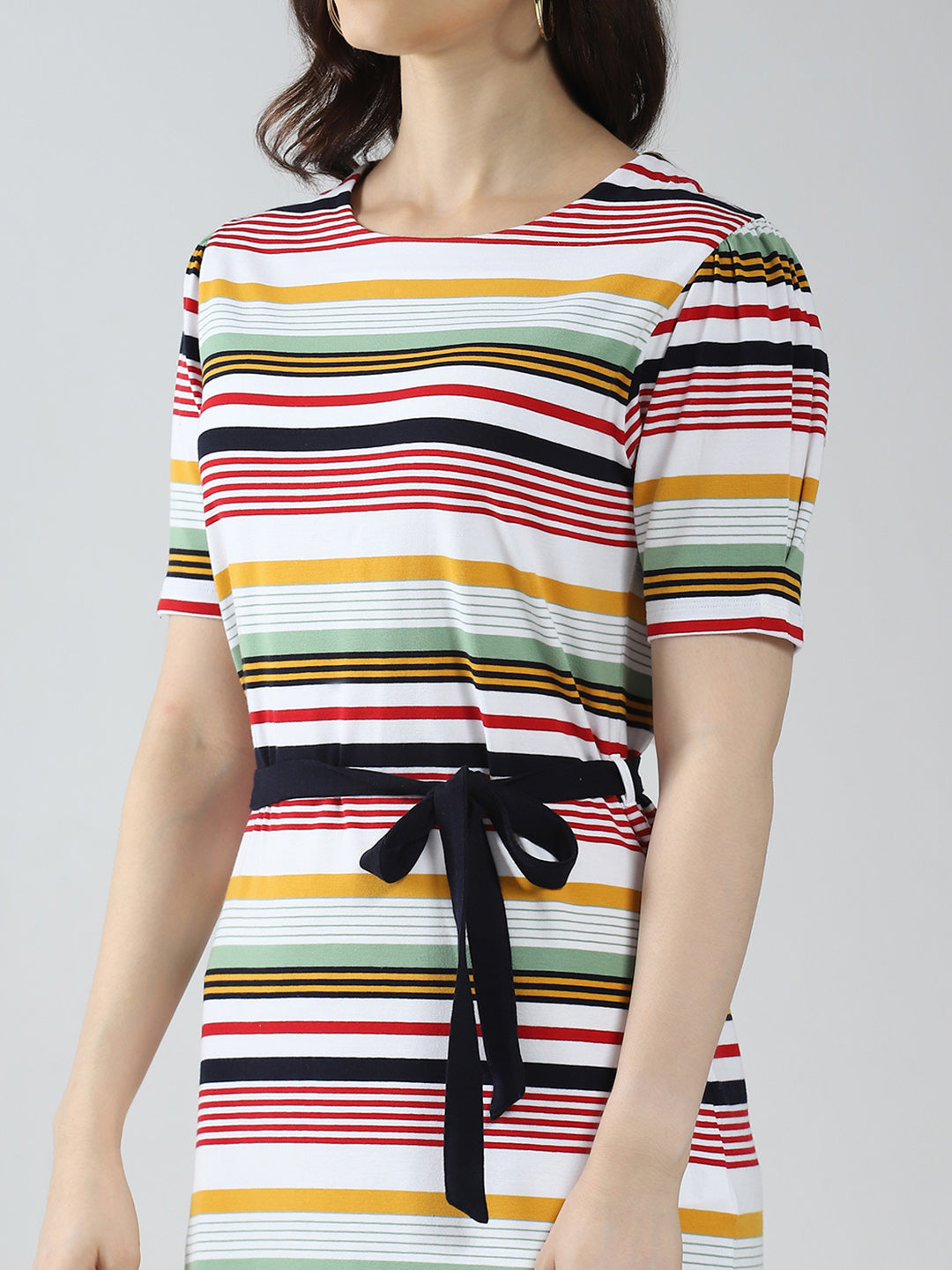Women Multicolor Stripe Round Neck Half Sleeve Dress