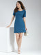 Women Blue Self Design Round Neck Half Sleeve Dress