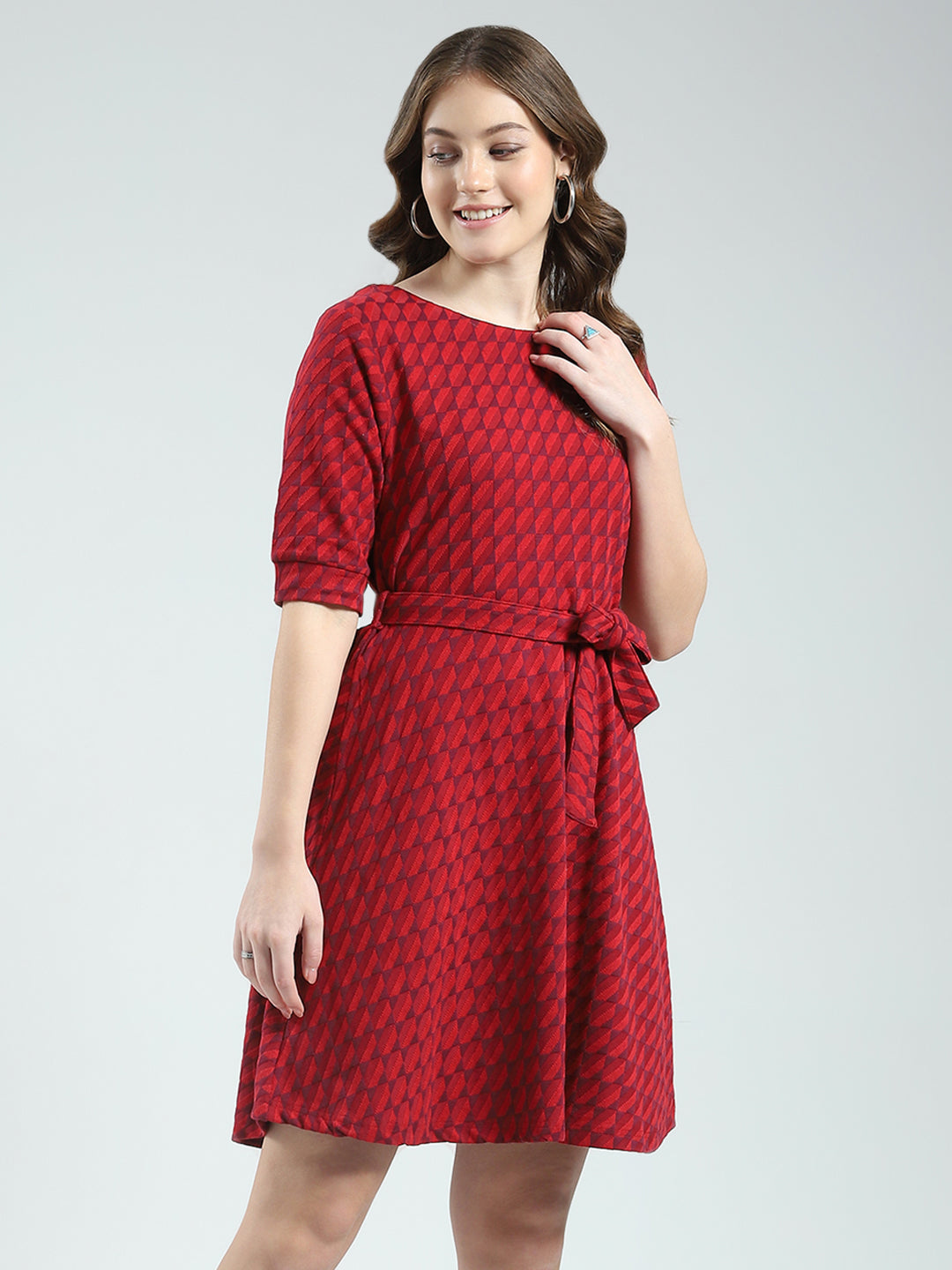 Women Red Self Design Round Neck Half Sleeve Dress