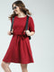 Women Red Self Design Round Neck Half Sleeve Dress
