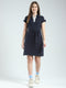 Women Navy Blue Solid Collar Half Sleeve Dress