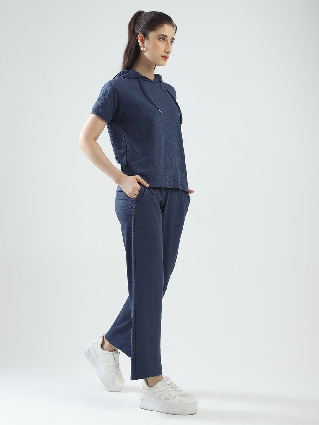 Women Blue Self Design Hooded Half Sleeve Cords Set