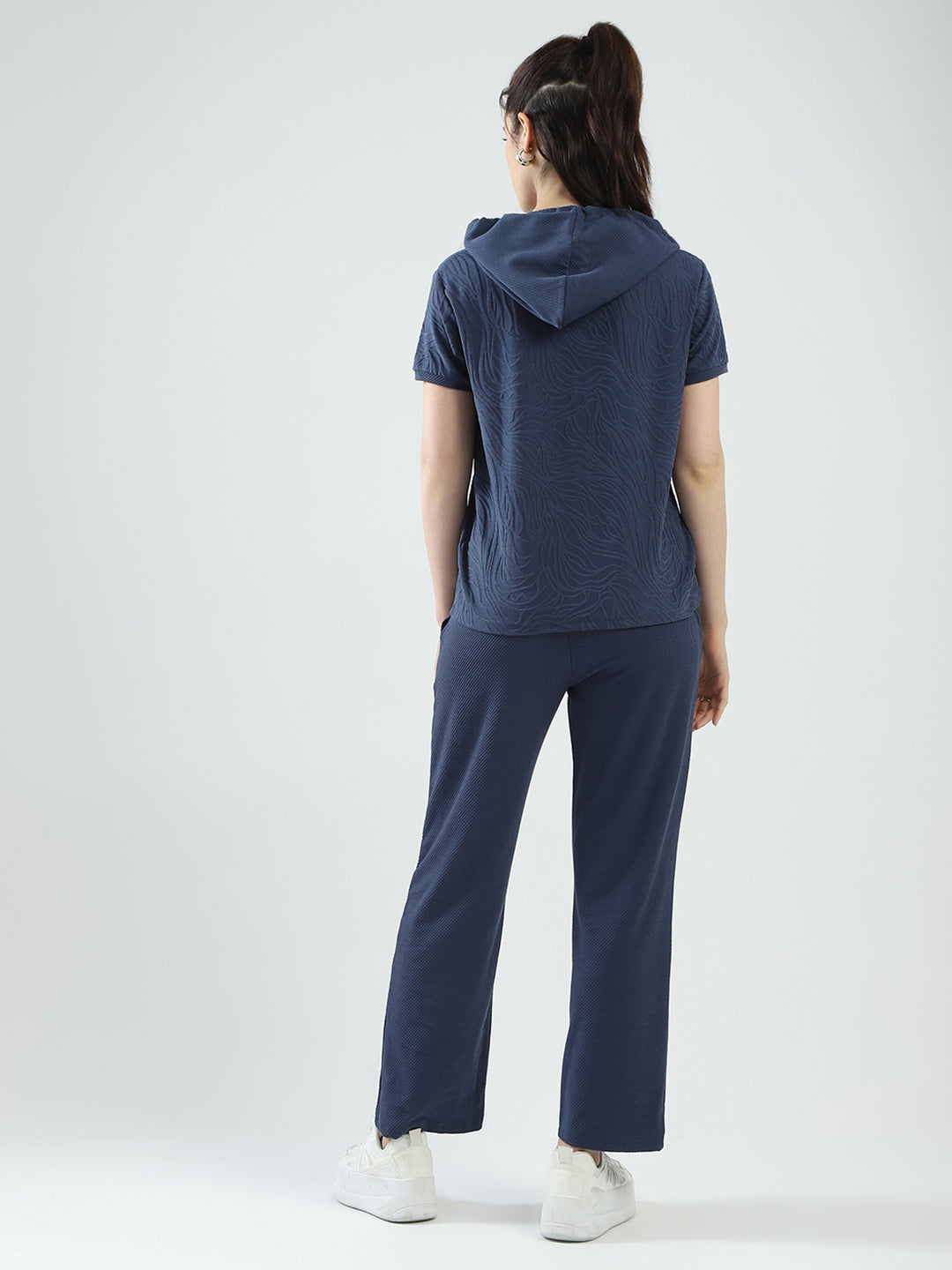 Women Blue Self Design Hooded Half Sleeve Cords Set